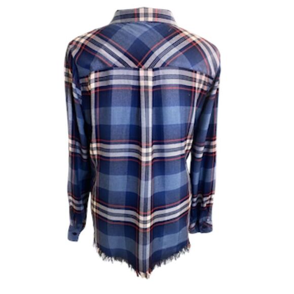 Dylan Plaid Button Front Blouse Fringe Hem Roll Up Sleeves Sz. L Packable - Picture 9 of 16